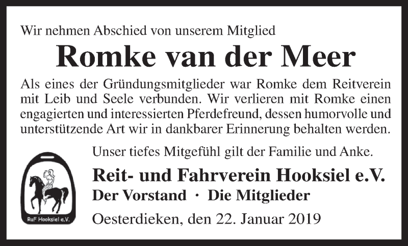  Traueranzeige für Romke van der Meer vom 22.01.2019 aus Rhein-Zeitung