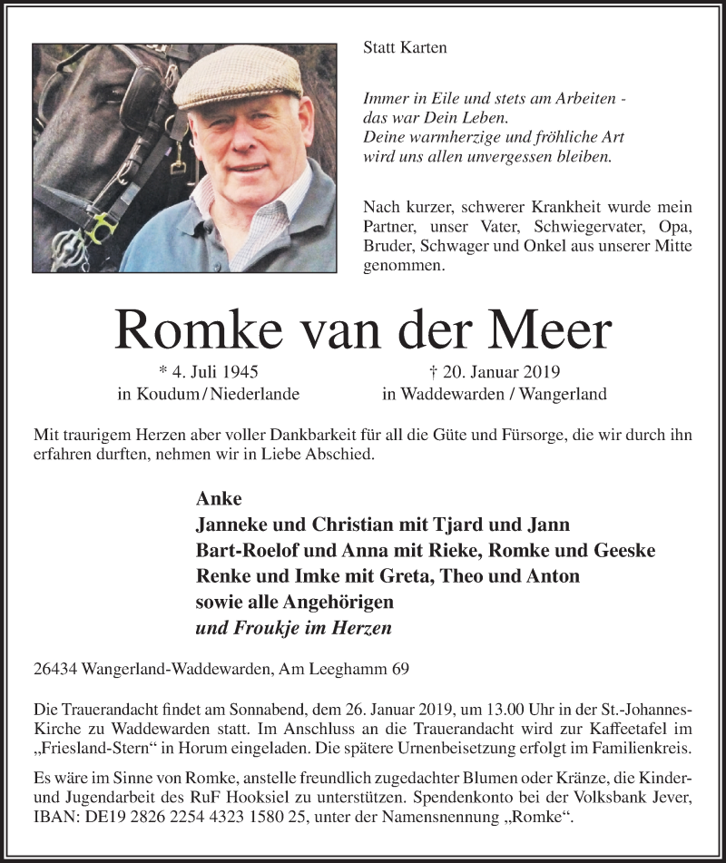  Traueranzeige für Romke van der Meer vom 22.01.2019 aus Rhein-Zeitung