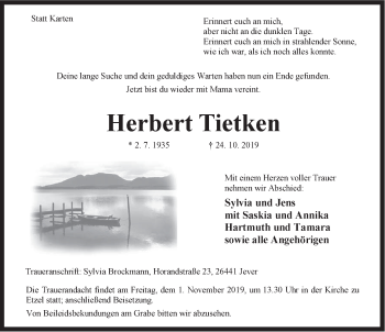 Traueranzeige von Herbert Tietken von Rhein-Zeitung