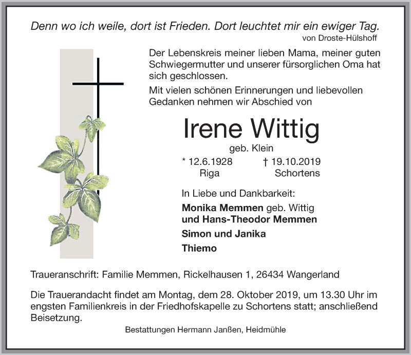 Traueranzeigen Von Irene Wittig | Nordwest-trauer.de