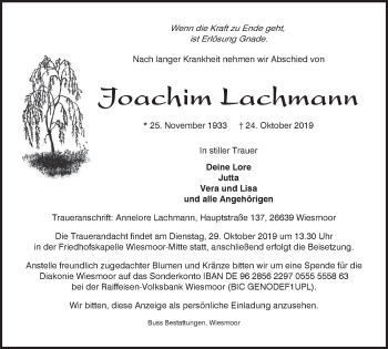 Traueranzeige von Joachim Lachmann von Rhein-Zeitung