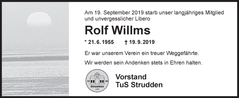  Traueranzeige für Rolf Willms vom 01.10.2019 aus Rhein-Zeitung