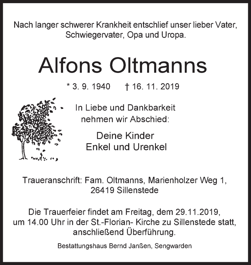  Traueranzeige für Alfons Oltmanns vom 23.11.2019 aus Rhein-Zeitung
