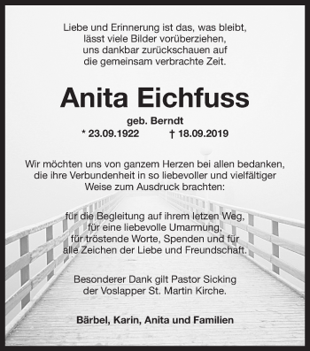 Traueranzeige von Anita Eichfuss von Wilhelmshavener Zeitung