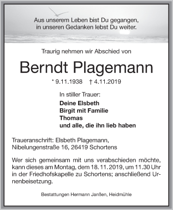 Traueranzeige von Berndt Plagemann von Rhein-Zeitung