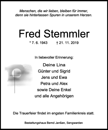 Traueranzeige von Fred Stemmler von Wilhelmshavener Zeitung