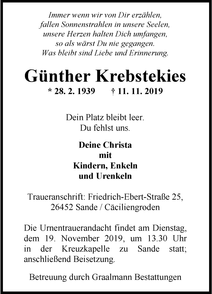  Traueranzeige für Günther Krebstekies vom 16.11.2019 aus Wilhelmshavener Zeitung