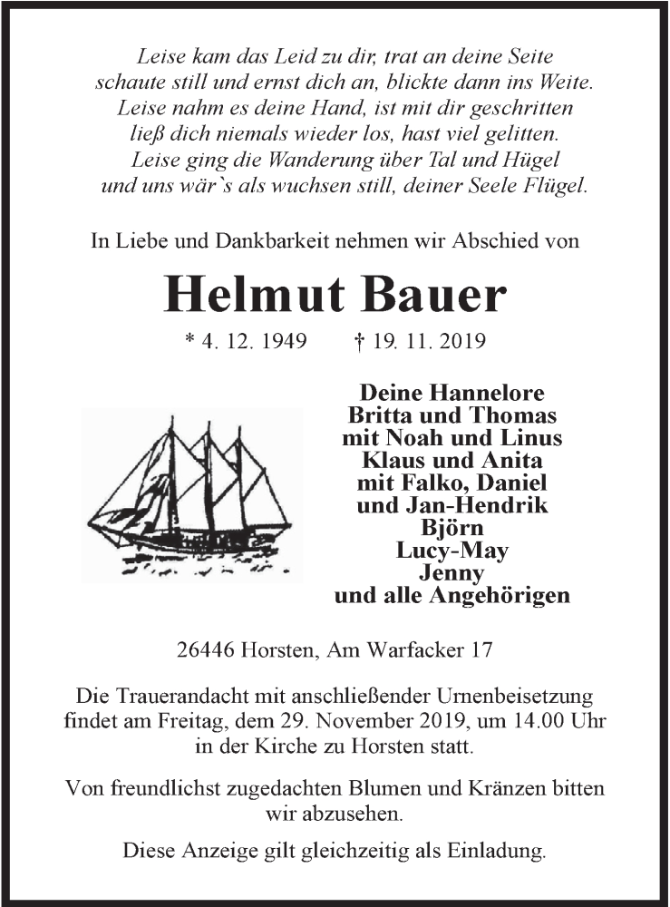  Traueranzeige für Helmut Bauer vom 23.11.2019 aus Rhein-Zeitung