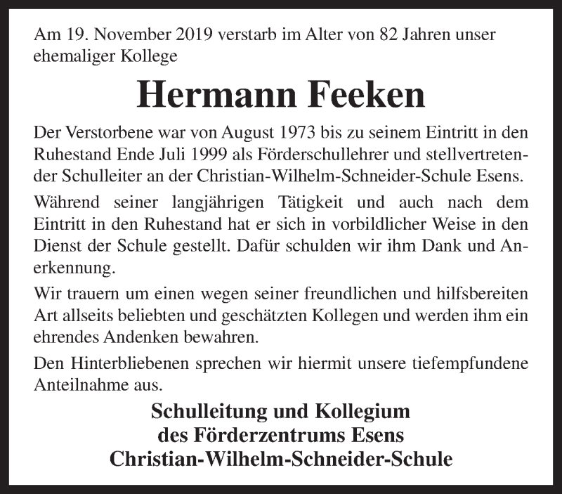  Traueranzeige für Hermann Feeken vom 23.11.2019 aus Rhein-Zeitung