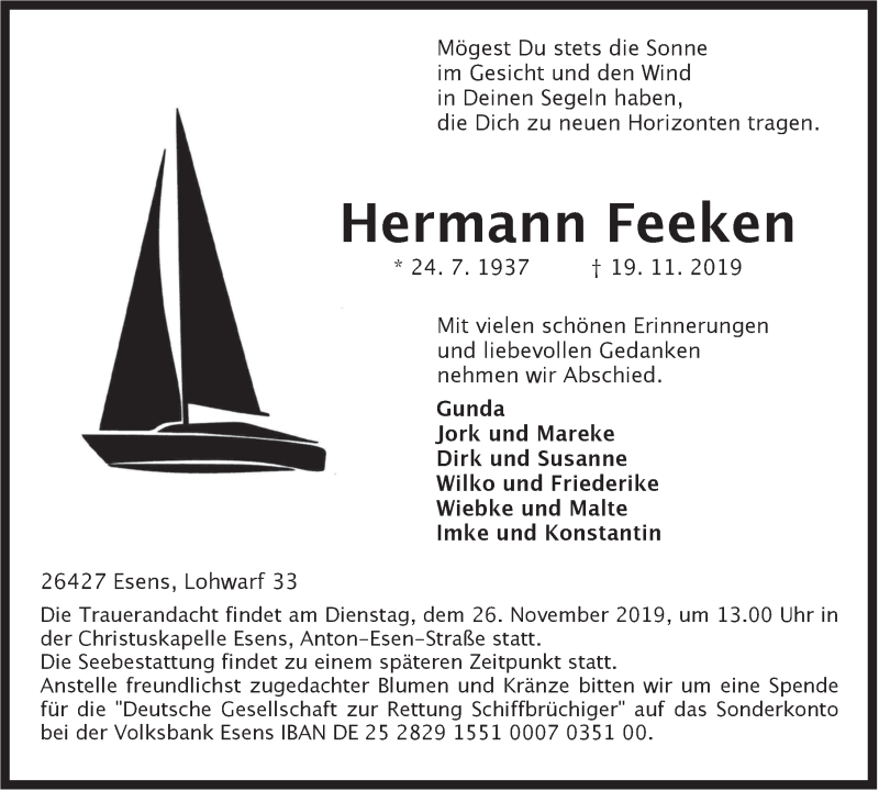  Traueranzeige für Hermann Feeken vom 21.11.2019 aus Rhein-Zeitung