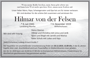 Traueranzeige von Hilmar von der Felsen von Rhein-Zeitung