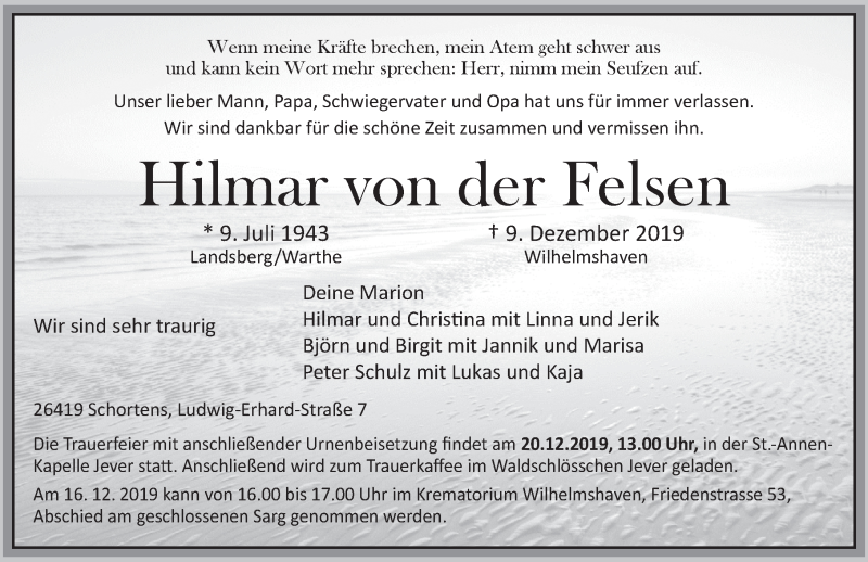  Traueranzeige für Hilmar von der Felsen vom 14.12.2019 aus Rhein-Zeitung