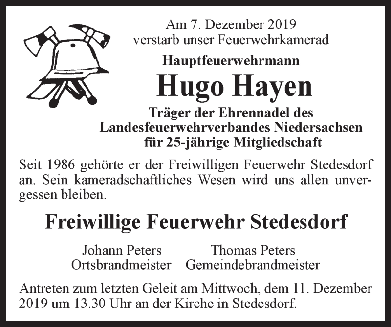  Traueranzeige für Hugo Hayen vom 10.12.2019 aus Rhein-Zeitung