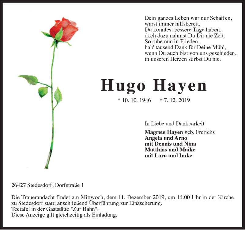  Traueranzeige für Hugo Hayen vom 09.12.2019 aus Rhein-Zeitung