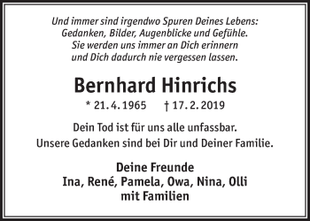 Traueranzeige von Bernhard Hinrichs von Rhein-Zeitung
