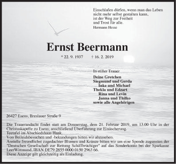Traueranzeige von Ernst Beermann von Rhein-Zeitung