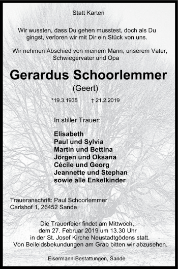 Traueranzeige von Gerardus Schoorlemmer von Wilhelmshavener Zeitung