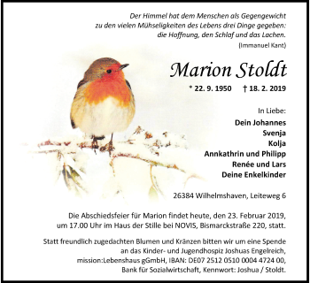 Traueranzeige von Marion Stoldt von Wilhelmshavener Zeitung