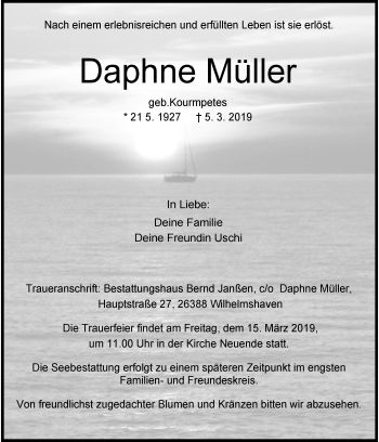 Traueranzeige von Daphne Müller von Wilhelmshavener Zeitung