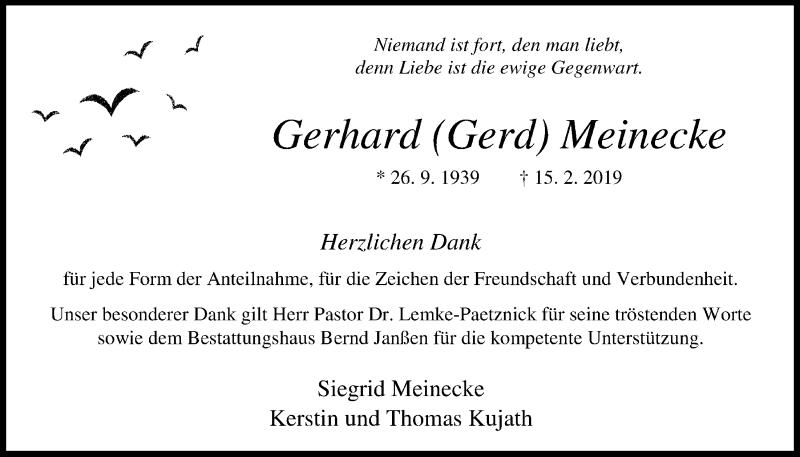  Traueranzeige für Gerhard Meinecke vom 30.03.2019 aus Wilhelmshavener Zeitung