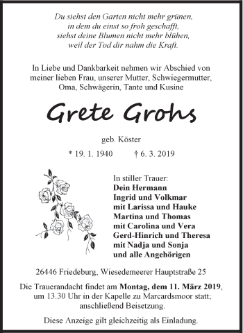 Traueranzeige von Grete Grohs von Rhein-Zeitung