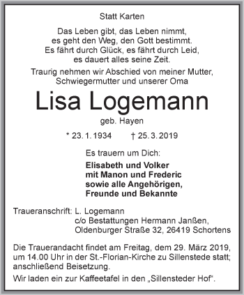 Traueranzeige von Lisa Logemann von Rhein-Zeitung