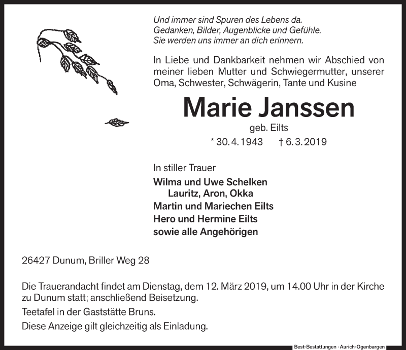  Traueranzeige für Marie Janssen vom 07.03.2019 aus Rhein-Zeitung