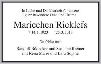 Traueranzeige von Mariechen Ricklefs von Rhein-Zeitung