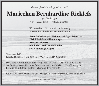 Traueranzeige von Mariechen Ricklefs von Rhein-Zeitung