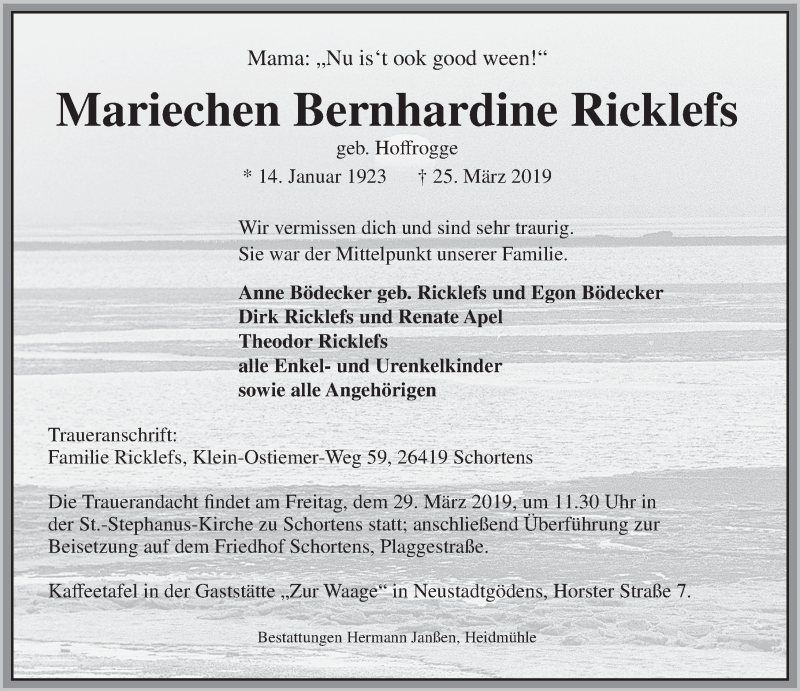  Traueranzeige für Mariechen Ricklefs vom 27.03.2019 aus Rhein-Zeitung