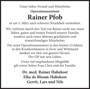 Traueranzeige von Rainer Pfob von Rhein-Zeitung
