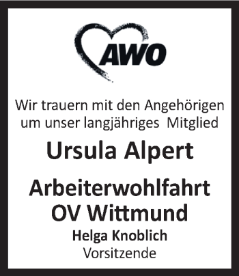 Traueranzeige von Ursula Alpert von Rhein-Zeitung