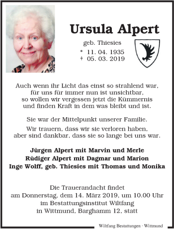 Traueranzeige von Ursula Alpert von Rhein-Zeitung