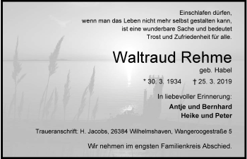 Traueranzeige von Waltraud Rehme von Wilhelmshavener Zeitung