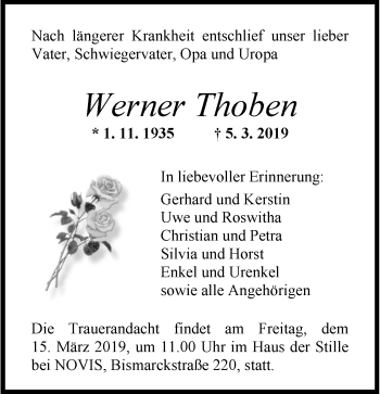 Traueranzeige von Werner Thoben von Wilhelmshavener Zeitung