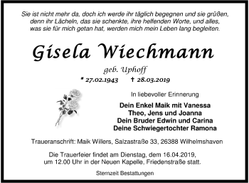 Traueranzeige von Gisela Wiechmann von Wilhelmshavener Zeitung
