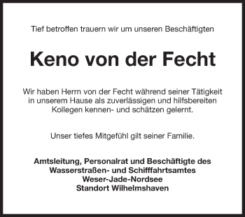 Traueranzeige von Keno von der Fecht von Wilhelmshavener Zeitung