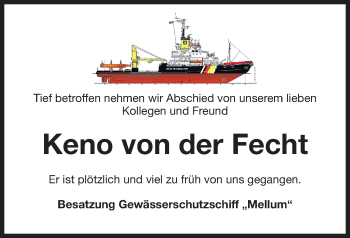 Traueranzeige von Keno von der Fecht von Wilhelmshavener Zeitung