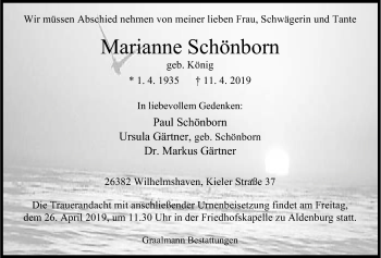 Traueranzeige von Marianne Schönborn von Wilhelmshavener Zeitung