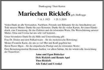 Traueranzeige von Mariechen Ricklefs von Wilhelmshavener Zeitung