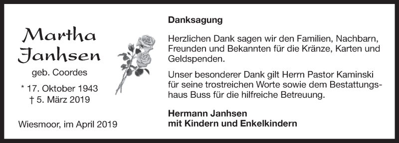  Traueranzeige für Martha Janhsen vom 20.04.2019 aus Rhein-Zeitung