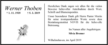 Traueranzeige von Werner Thoben von Wilhelmshavener Zeitung