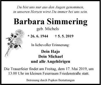 Traueranzeige von Barbara Simmering von Wilhelmshavener Zeitung