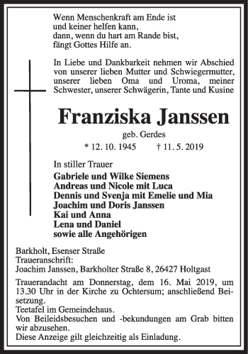 Traueranzeige von Franziska Janssen von Rhein-Zeitung