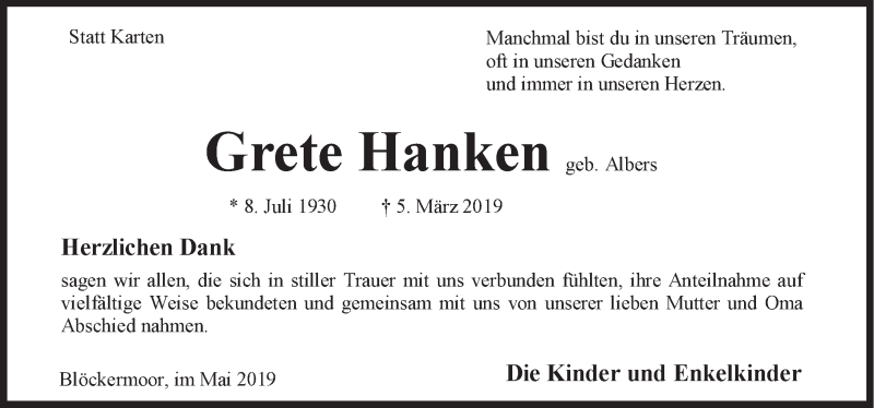  Traueranzeige für Grete Hanken vom 04.05.2019 aus Rhein-Zeitung