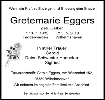 Traueranzeige von Gretemarie Eggers von Wilhelmshavener Zeitung