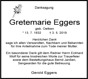 Traueranzeige von Gretemarie Eggers von Wilhelmshavener Zeitung