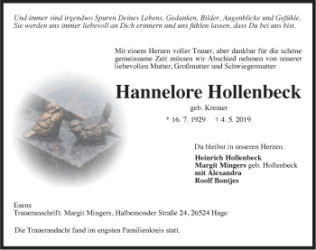 Traueranzeige von Hannelore Hollenbeck von Rhein-Zeitung