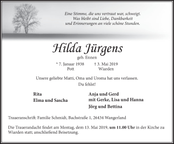 Traueranzeige von Hilda Jürgens von Rhein-Zeitung