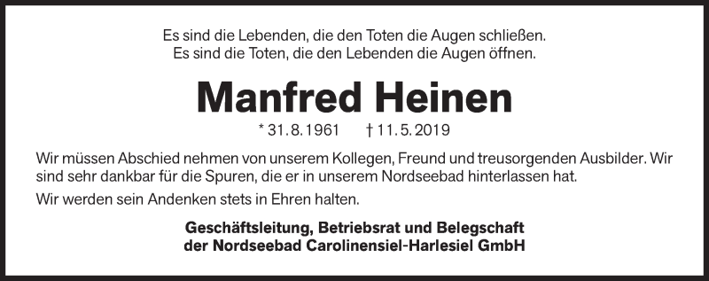  Traueranzeige für Manfred Heinen vom 16.05.2019 aus Rhein-Zeitung